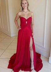 Gloria | Hot Pink A Line Strapless Corset Chiffon Formal Dress with Slit - Red - PromDressClub